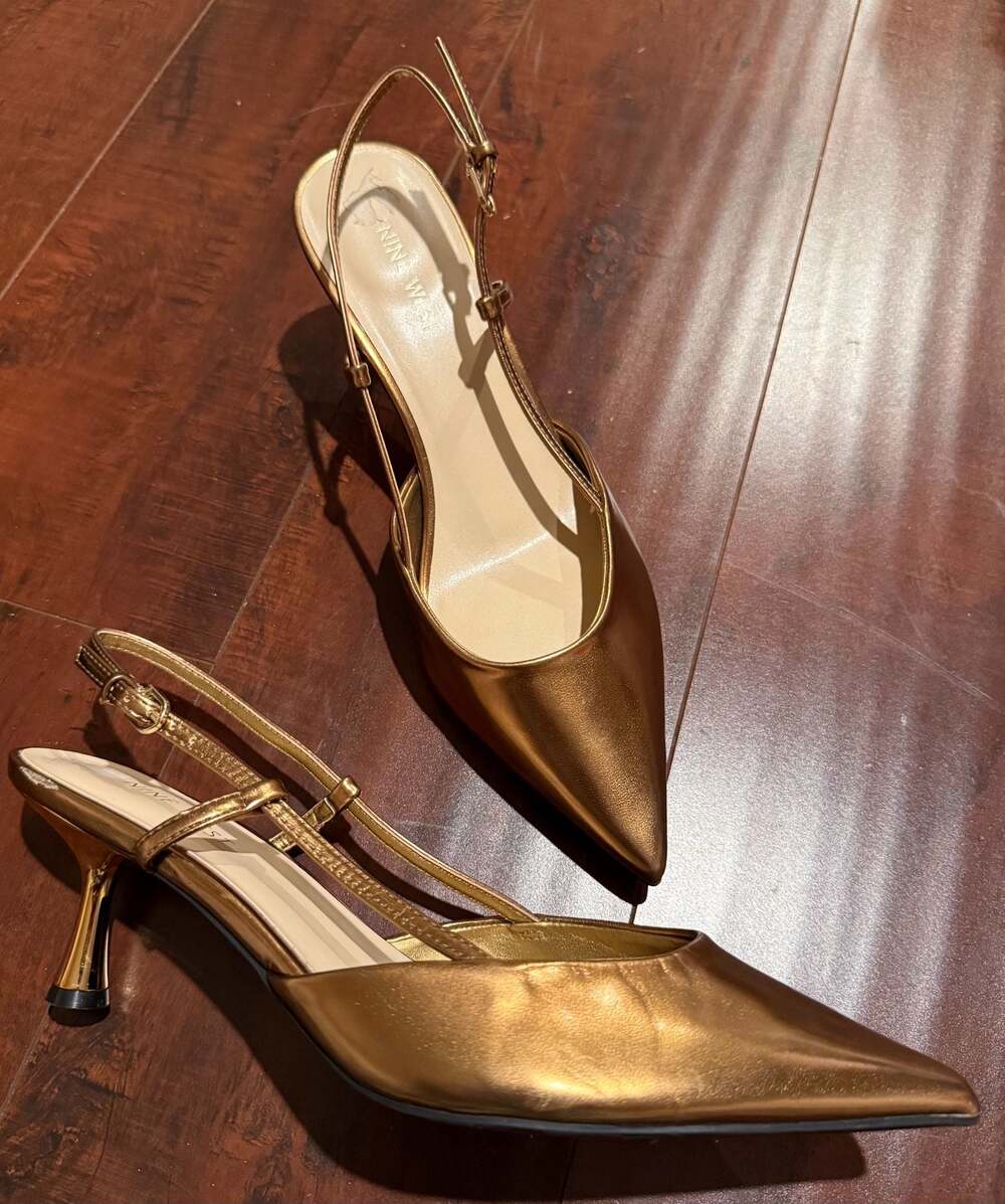 Nine West Metallic Gold Pointed Toe Kitten Heel Slingback Pumps Sz.10 - Picture 2 of 11